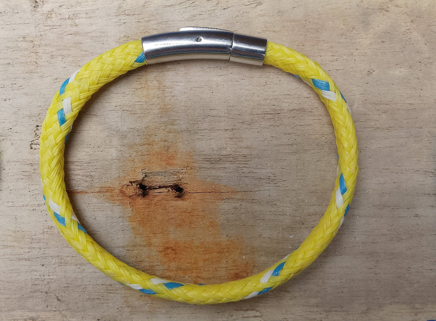 Recycled Cornish Ghost Net Beach Bracelet - Yellow with blue and white stripe