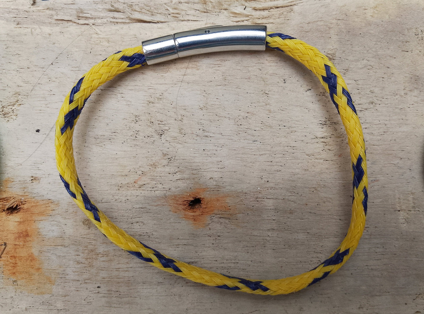 Recycled Cornish Ghost Net Beach Bracelet - Yellow With Navy Blue Patches