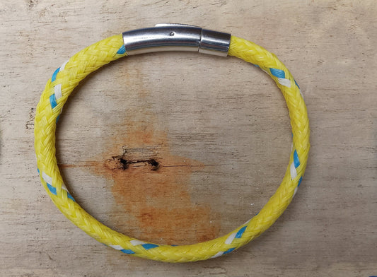 Recycled Cornish Ghost Net Beach Bracelet - Yellow with blue and white stripe